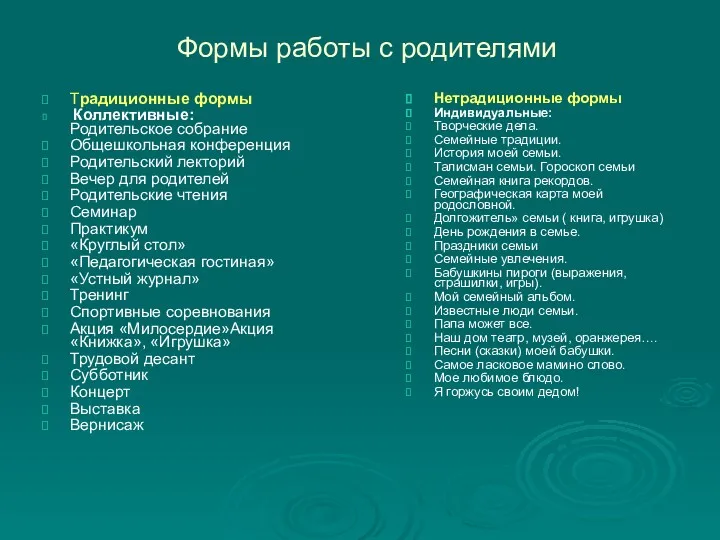 Формы работы с родителями Традиционные формы Коллективные: Родительское собрание Общешкольная