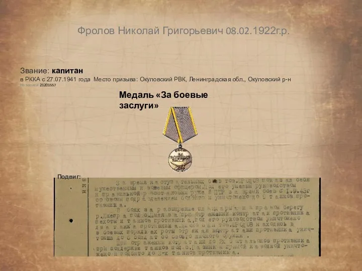 Подвиг: Фролов Николай Григорьевич 08.02.1922г.р. Звание: капитан в РККА с