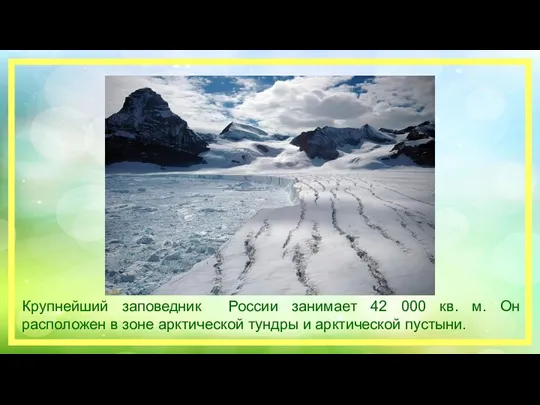 Крупнейший заповедник России занимает 42 000 кв. м. Он расположен в зоне арктической