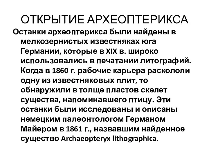 ОТКРЫТИЕ АРХЕОПТЕРИКСА Останки археоптерикса были найдены в мелкозернистых известняках юга