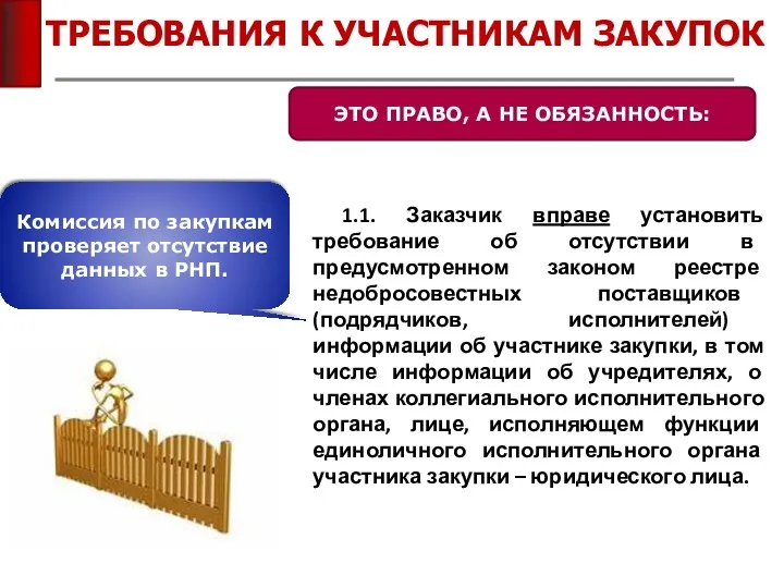 ТРЕБОВАНИЯ К УЧАСТНИКАМ ЗАКУПОК 1.1. Заказчик вправе установить требование об