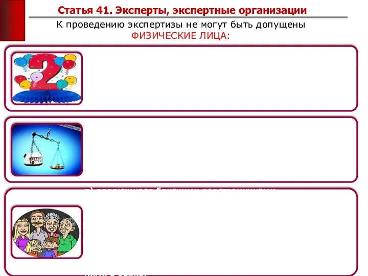 Статья 41. Эксперты, экспертные организации К проведению экспертизы не могут быть допущены ФИЗИЧЕСКИЕ ЛИЦА: