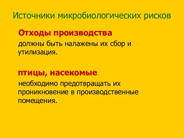 Источники микробиологических рисков Отходы производства: должны быть налажены их сбор и утилизация. Грызуны,