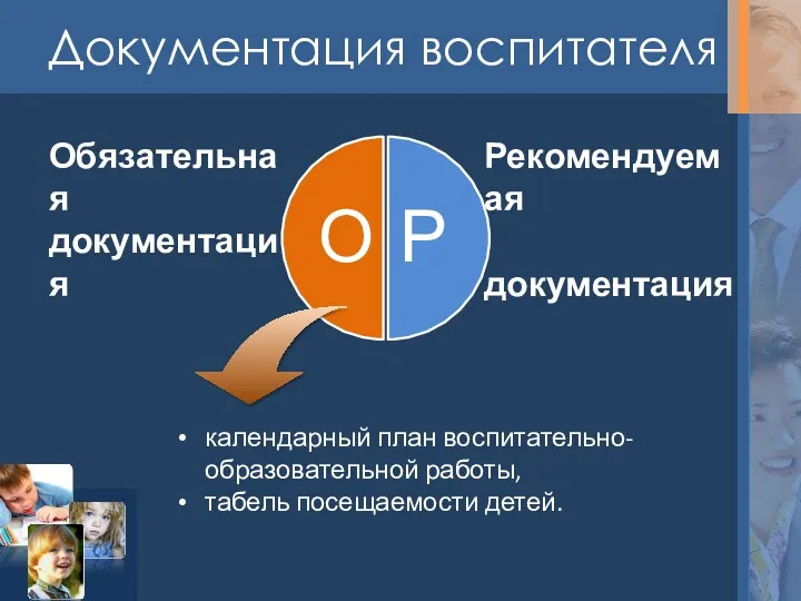 Документация воспитателя Обязательная документация Рекомендуемая документация календарный план воспитательно-образовательной работы, табель посещаемости детей.