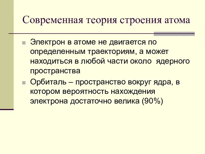 Современная теория строения атома Электрон в атоме не двигается по