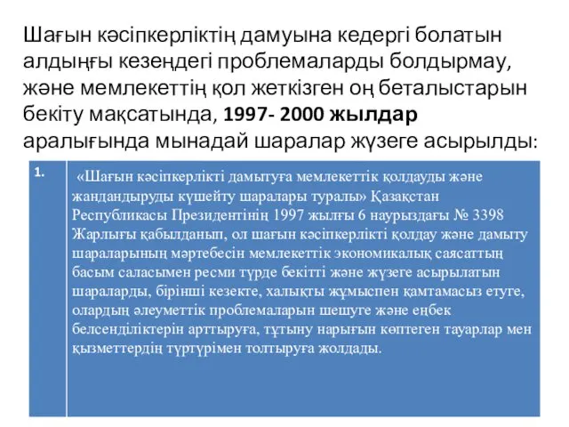 Шағын кəсіпкерліктің дамуына кедергі болатын алдыңғы кезеңдегі проблемаларды болдырмау, жəне