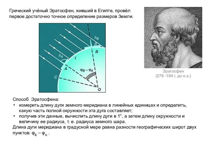Греческий учёный Эратосфен, живший в Египте, провёл первое достаточно точное определение размеров Земли.