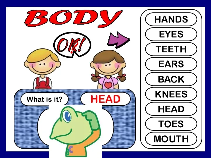 What is it? HEAD ? HANDS EYES TEETH EARS BACK KNEES HEAD TOES MOUTH OK!