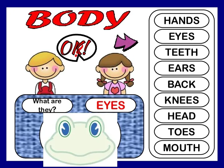 What are they? EYES ? HANDS EYES TEETH EARS BACK KNEES HEAD TOES MOUTH OK!