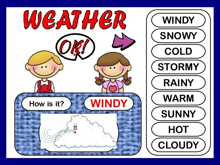 How is it? WINDY ? WINDY SNOWY COLD STORMY RAINY WARM SUNNY HOT CLOUDY OK!