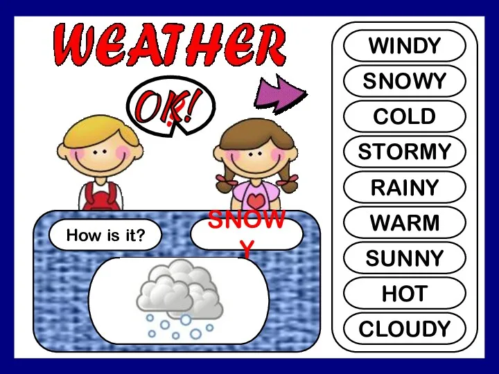 How is it? SNOWY ? WINDY SNOWY COLD STORMY RAINY WARM SUNNY HOT CLOUDY OK!