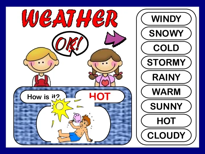 How is it? HOT ? WINDY SNOWY COLD STORMY RAINY WARM SUNNY HOT CLOUDY OK!