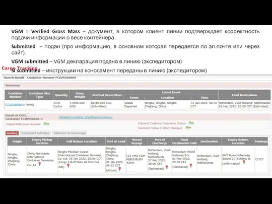 VGM = Verified Gross Mass – документ, в котором клиент