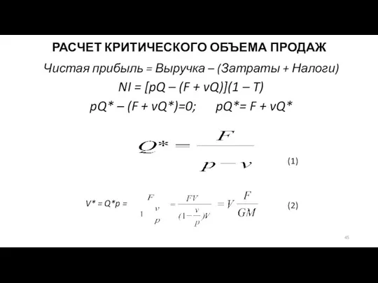 РАСЧЕТ КРИТИЧЕСКОГО ОБЪЕМА ПРОДАЖ Чистая прибыль = Выручка – (Затраты