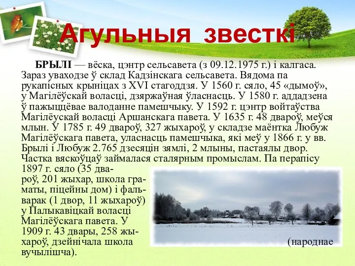 Агульныя звесткі БРЫЛІ — вёска, цэнтр сельсавета (з 09.12.1975 г.)