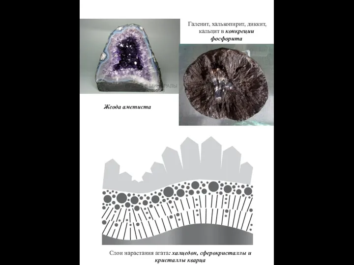 Жеода аметиста Слои нарастания агата: халцедон, сферокристаллы и кристаллы кварца