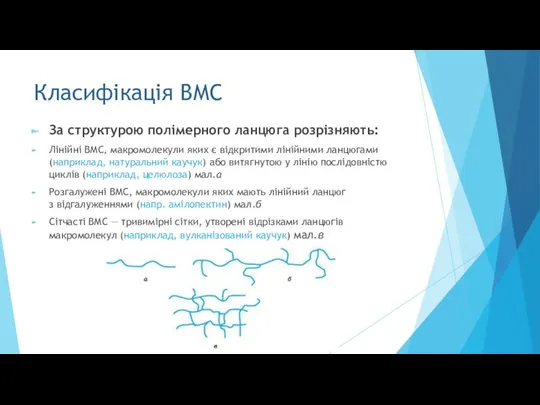 Класифікація ВМС За структурою полімерного ланцюга розрізняють: Лінійні ВМС, макромолекули