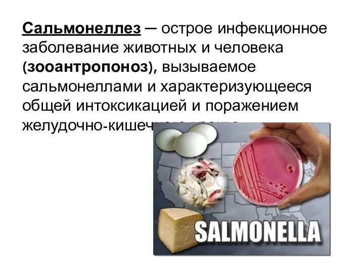 Сальмонеллез ─ острое инфекционное заболевание животных и человека (зооантропоноз), вызываемое