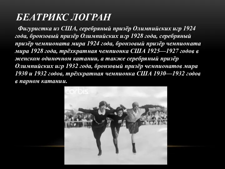 БЕАТРИКС ЛОГРАН Фигуристка из США, серебряный призёр Олимпийских игр 1924
