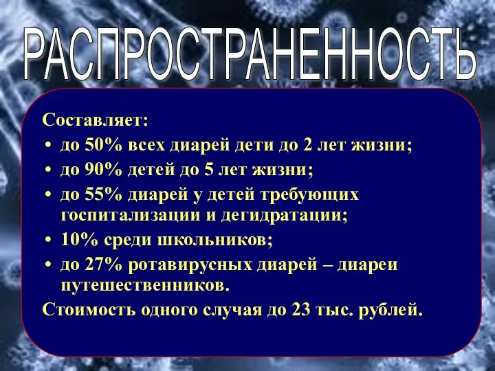 Составляет: до 50% всех диарей дети до 2 лет жизни;