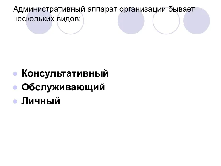 Административный аппарат организации бывает нескольких видов: Консультативный Обслуживающий Личный