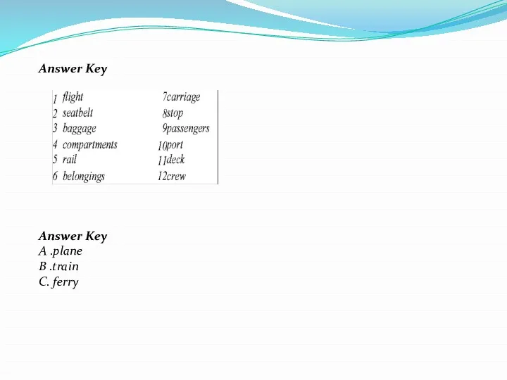 Answer Key Answer Key A .plane В .train C. ferry