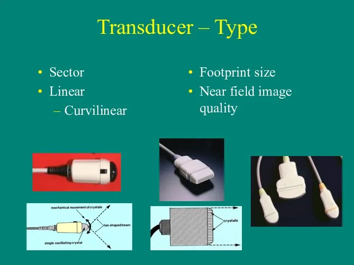 Transducer – Type Sector Linear Curvilinear Footprint size Near field image quality