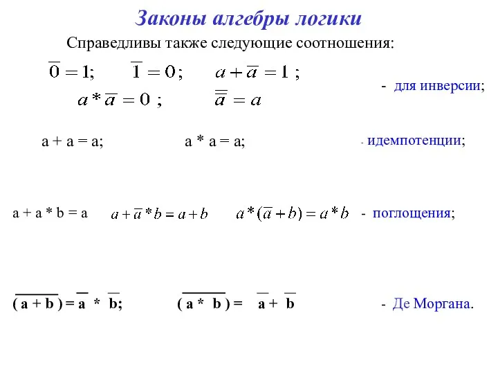 Законы алгебры логики Справедливы также следующие соотношения: