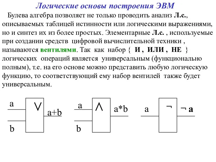 Логические основы построения ЭВМ Булева алгебра позволяет не только проводить