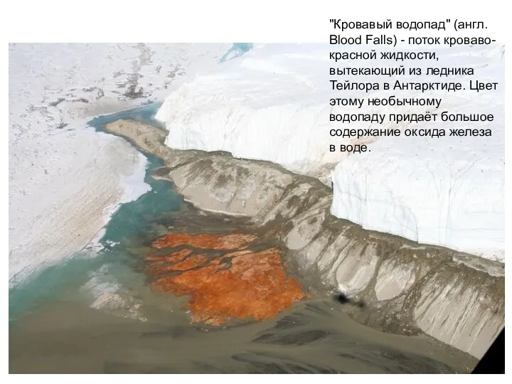 "Кровавый водопад" (англ. Blood Falls) - поток кроваво-красной жидкости, вытекающий из ледника Тейлора
