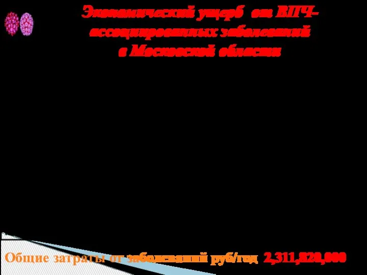 Экономический ущерб от ВПЧ-ассоциированных заболеваний в Московской области Общие затраты от заболеваний руб/год 2,311,820,000