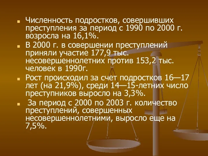 Численность подростков, совершивших преступления за период с 1990 по 2000