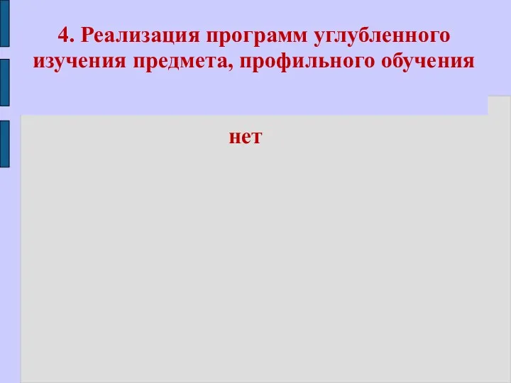 4. Реализация программ углубленного изучения предмета, профильного обучения нет