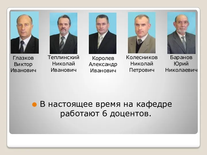 В настоящее время на кафедре работают 6 доцентов. Баранов Юрий Николаевич Глазков Виктор