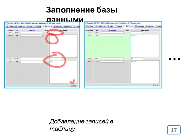 Заполнение базы данными Добавление записей в таблицу …