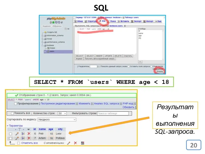 SELECT * FROM `users` WHERE age SQL Результаты выполнения SQL-запроса.