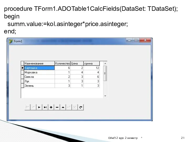 * ОАиП 2 курс 2 семестр procedure TForm1.ADOTable1CalcFields(DataSet: TDataSet); begin summ.value:=kol.asinteger*price.asinteger; end;