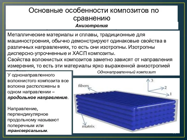 Основные особенности композитов по сравнению с традиционными материалами. Анизотропия. Металлические