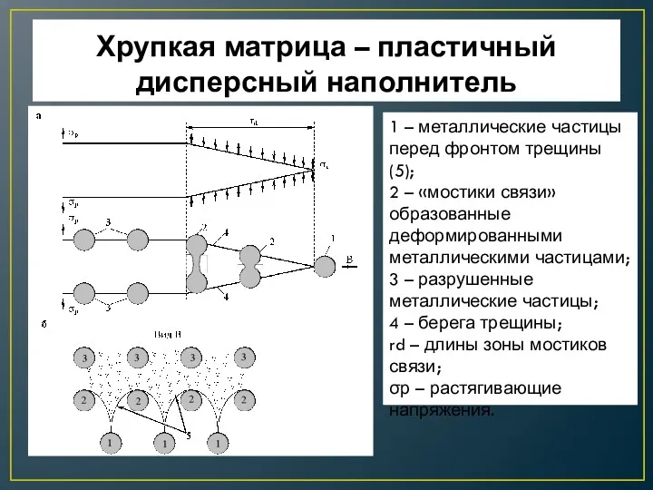 Хрупкая матрица – пластичный дисперсный наполнитель 1 – металлические частицы