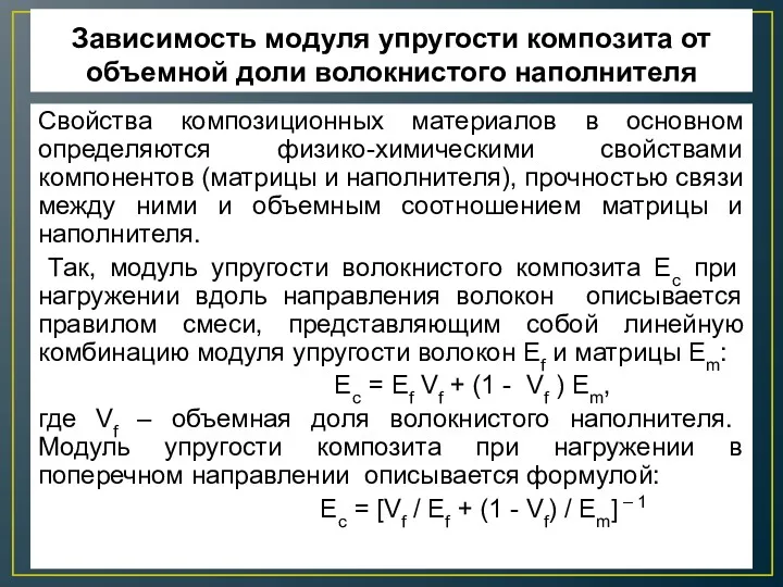 Зависимость модуля упругости композита от объемной доли волокнистого наполнителя Свойства