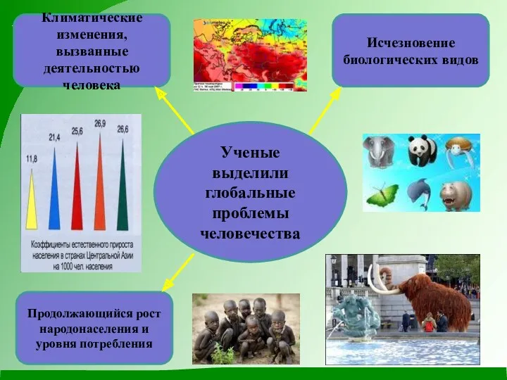 Ученые выделили глобальные проблемы человечества Исчезновение биологических видов Климатические изменения,