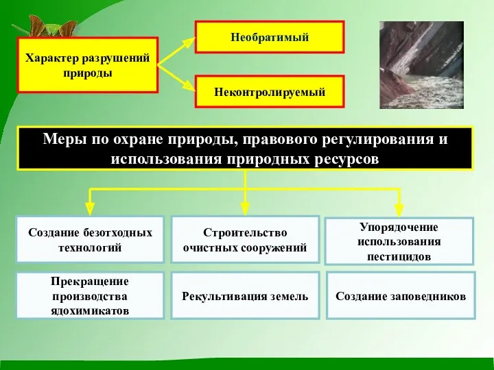 Характер разрушений природы Необратимый Неконтролируемый Меры по охране природы, правового