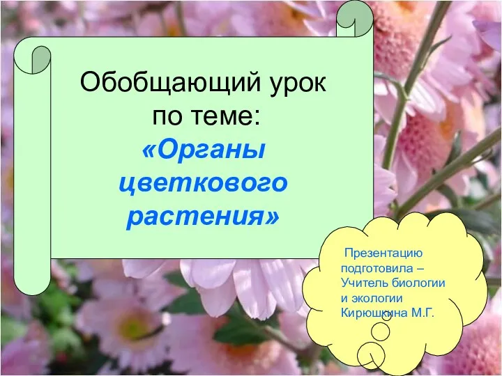 Обобщающий урок по теме: «Органы цветкового растения» Презентацию подготовила – Учитель биологии и экологии Кирюшкина М.Г.