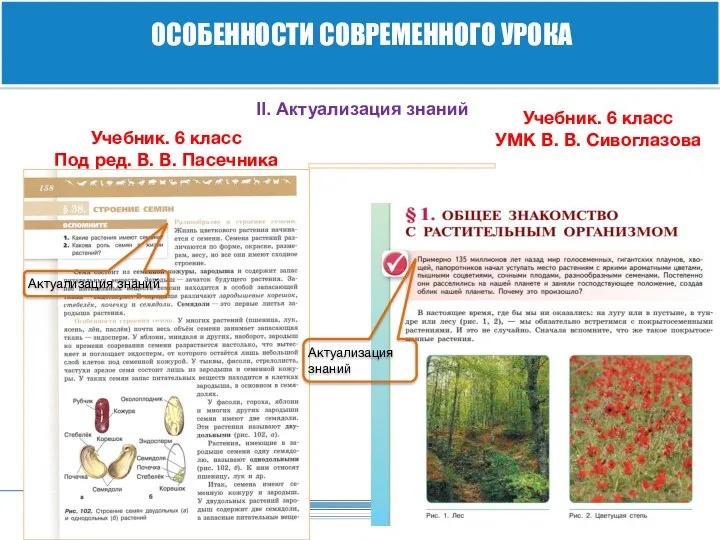 ОСОБЕННОСТИ СОВРЕМЕННОГО УРОКА Актуализация знаний II. Актуализация знаний Актуализация знаний Учебник. 6 класс