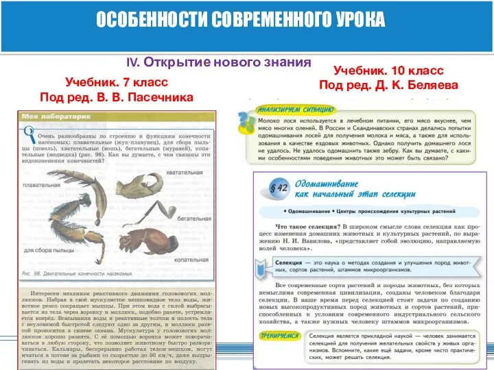 ОСОБЕННОСТИ СОВРЕМЕННОГО УРОКА IV. Открытие нового знанияОСОБЕННОСТИ Учебник. 7 класс Под ред. В.