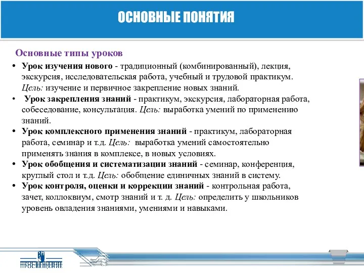 ОСНОВНЫЕ ПОНЯТИЯ Основные типы уроков Урок изучения нового - традиционный (комбинированный), лекция, экскурсия,