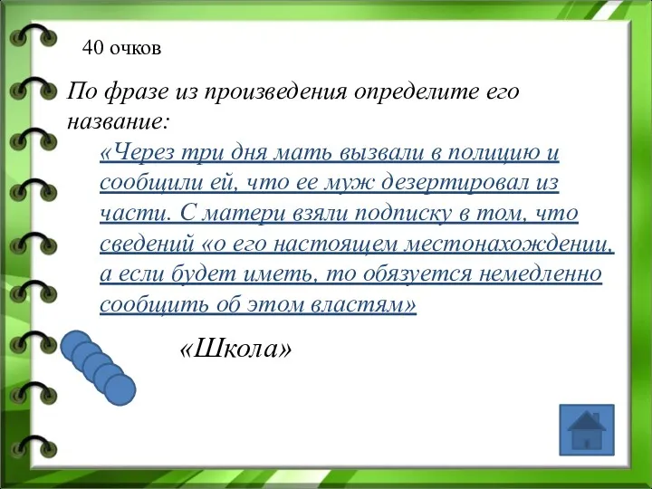 40 очков По фразе из произведения определите его название: «Через