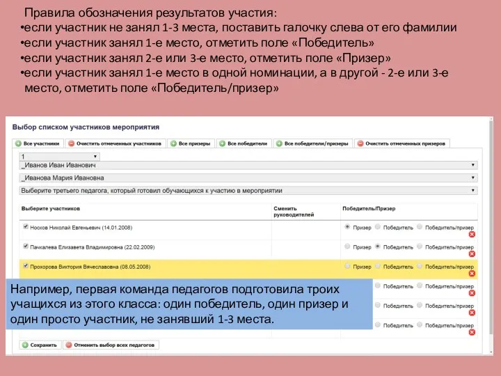 Правила обозначения результатов участия: если участник не занял 1-3 места, поставить галочку слева