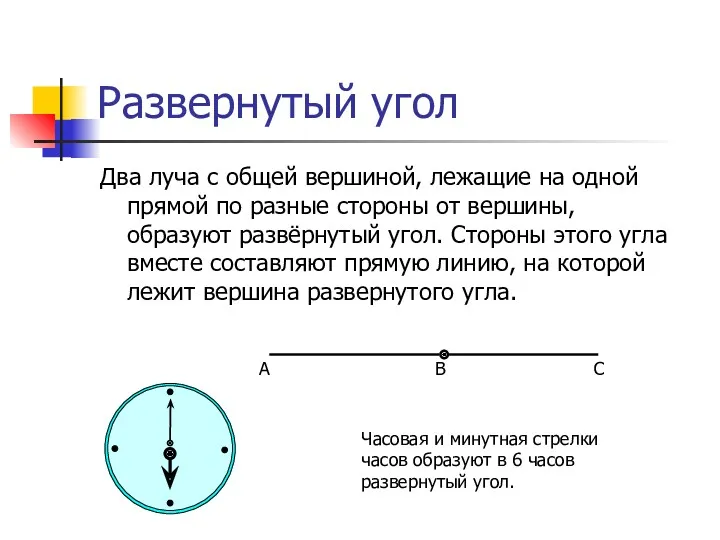 Развернутый угол Два луча с общей вершиной, лежащие на одной