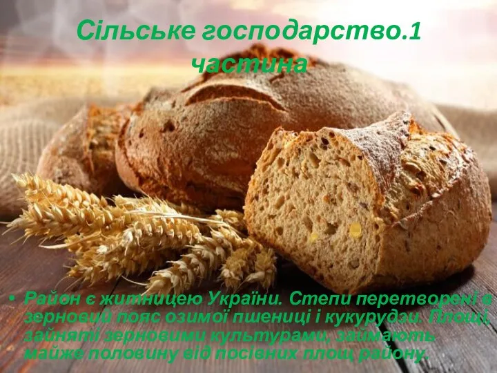 Сільське господарство.1 частина Район є житницею України. Степи перетворені в